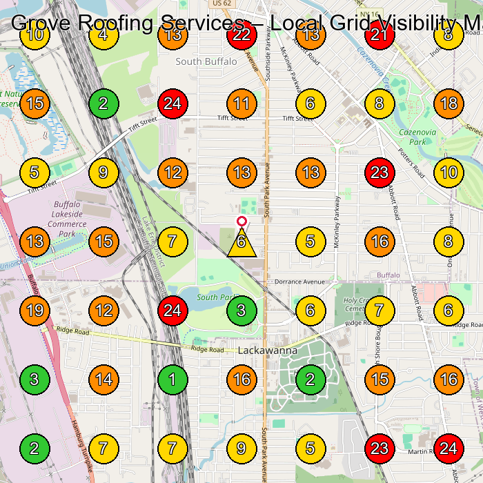 Grove Roofing Services Roofing Contractor GeoGrid ranking map for Buffalo NY
